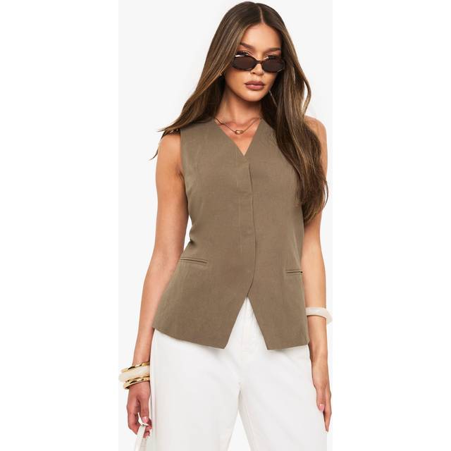 Womens Linen Longline V Neck Tailored Waistcoat - Green - 16