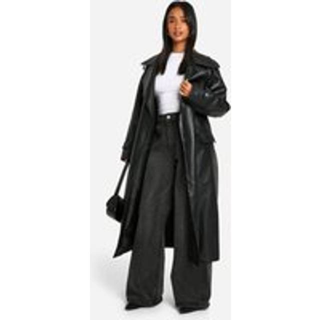Womens Petite Crocodile Faux Leather Trench Coat - Black - 14
