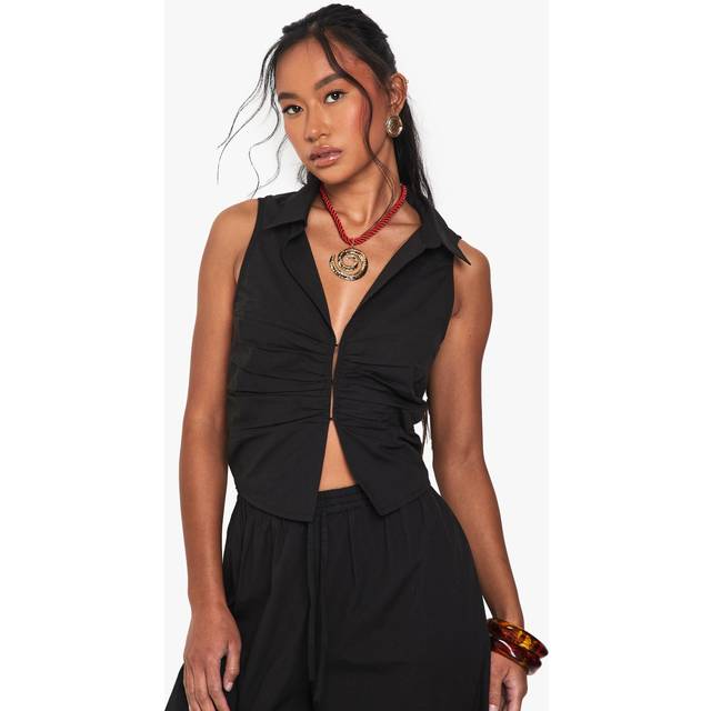 Womens Ruched Poplin Sleeveless Waistcoat - Black - 8, Black