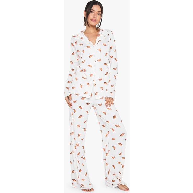 Womens Tall Croissant Print Long Sleeve Shirt & Trousers Pyjama Set - White - 12