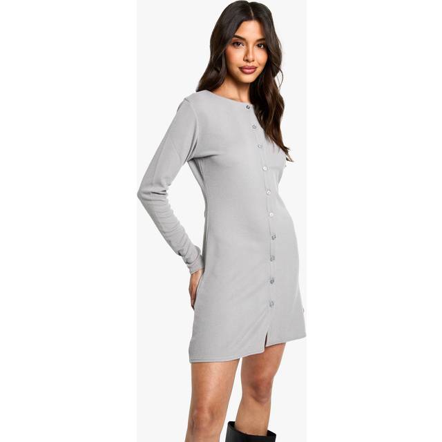 Womens Ribbed Button Down Smock Mini Dress - Grey - 16