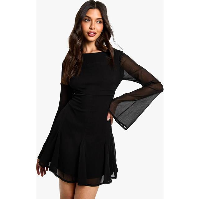 Womens Chiffon Slash Neck Long Sleeve Godet Mini Dress - Black - 10