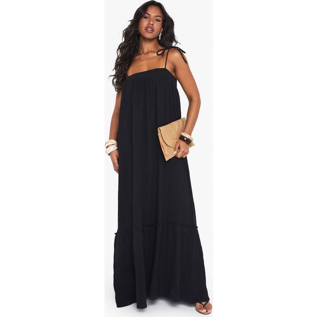 Womens Textured Smock Maxi Dress - Black - 10