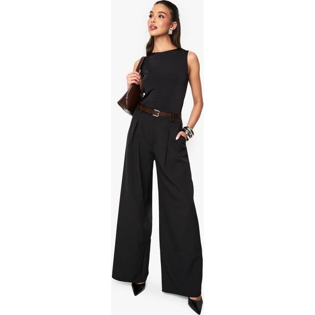 Womens High Waisted Pleated Wide Leg Trouser - Black - 16