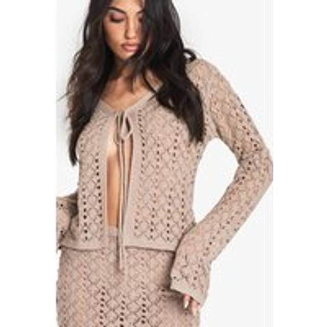 Womens Tie Detail Crochet Cardigan - Brown - S, Brown