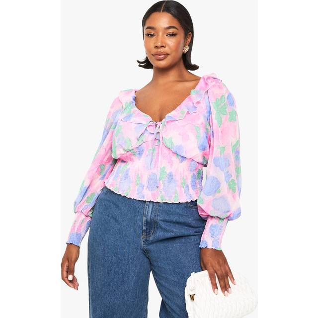 Womens Plus Paisley Shirred Waist Plunge Blouse - Pink - 22, Pink