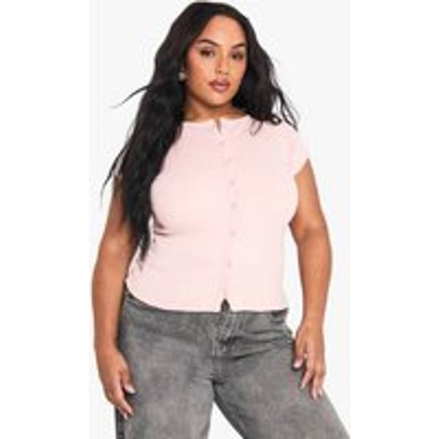 Womens Plus Rib Button Through Cap Sleeve Top - Pink - 16