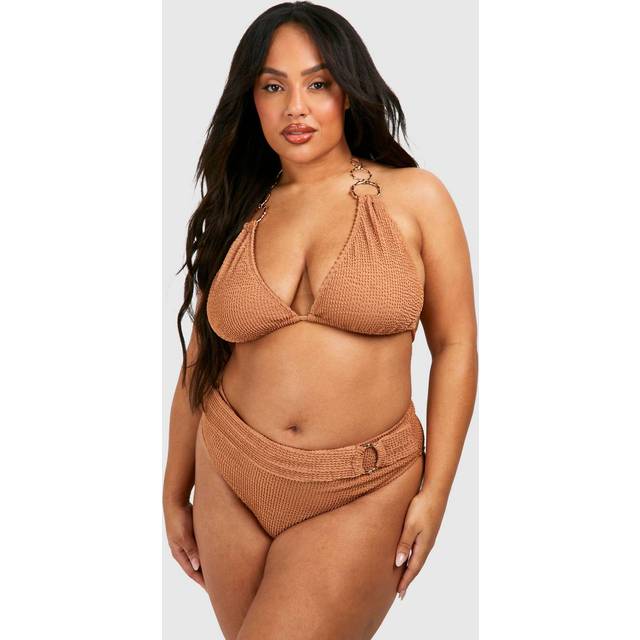 Womens Plus Crinkle Ring Detail High Waisted Bikini Bottom - Beige - 16, Beige