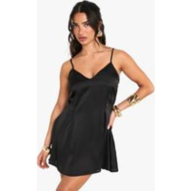 Womens Petite Satin Strappy Skater Mini Dress - Black - 14, Black