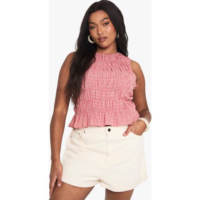 Womens Plus Shirred Gingham Peplum Top - 26 - Red