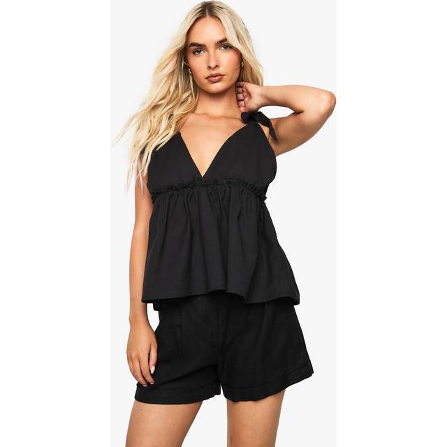 Womens Linen Tie Shoulder Cami - Black - 12, Black