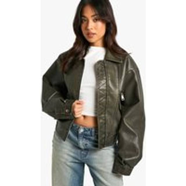Womens Petite Vintage Look Faux Leather Bomber Jacket - Blue - 8