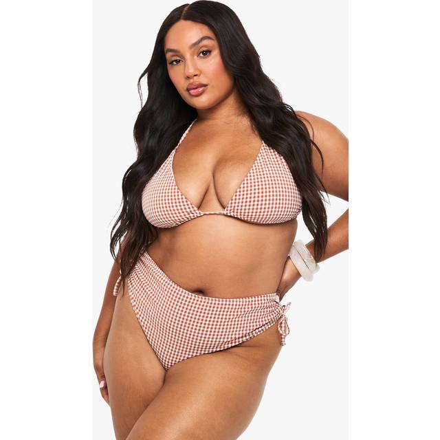 Womens Plus Seersucker Gingham Ruched High Waist Brief - Brown - 16, Brown