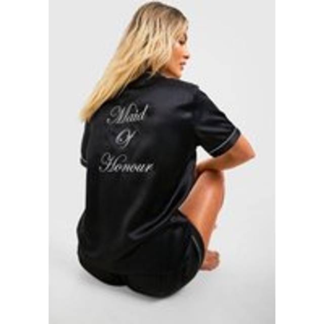 Womens Bridal 'Maid Of Honour' Satin Embroidered Short Sleeve Shirt & Shorts Pyjama Set - Black - 8, Black