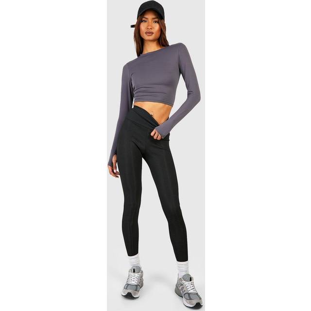 Womens Tall Deep Waistband High Waisted Rib Leggings - Black - 12, Black