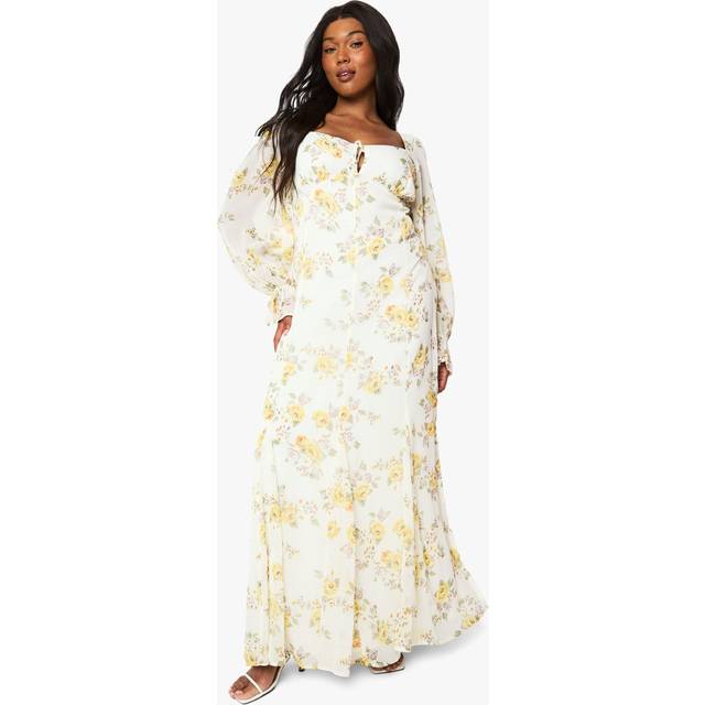 Womens Plus Ditsy Floral Crinkle Chiffon Milkmaid Maxi Dress - White - 18, White