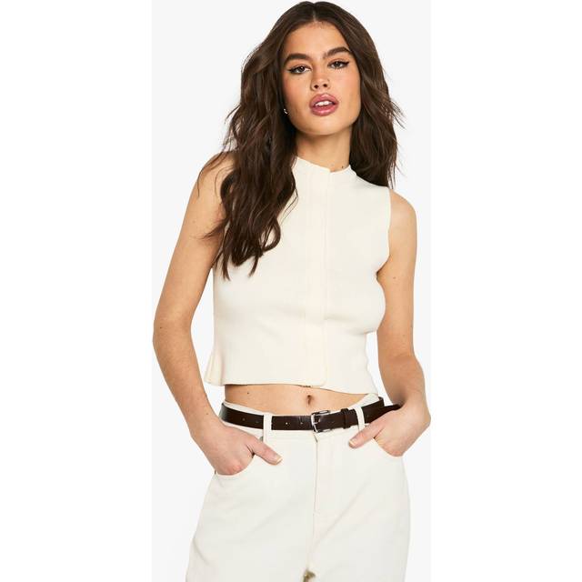 Womens Longline Concealed Button Knitted Waistcoat - White - S, White