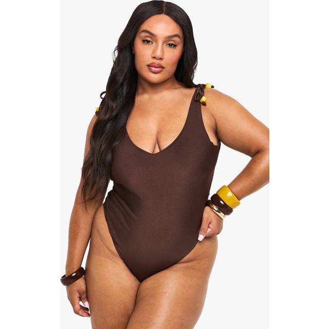 Womens Plus Bead Charm Backless Swimsuit - Brown - 16, Brown