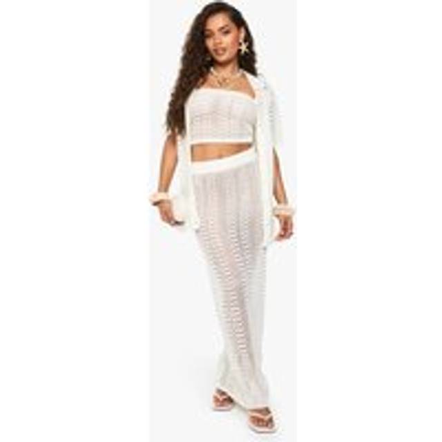 Womens Crochet Oversized Shirt, Bandeau Top And Maxi Skirt Set - White - S, White