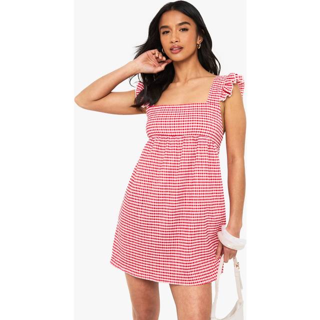 Womens Petite Textured Gingham Swing Mini Dress - Red - 8