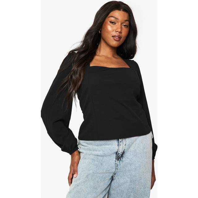 Womens Plus Square Neck Long Sleeve Corset Top - Black - 20, Black