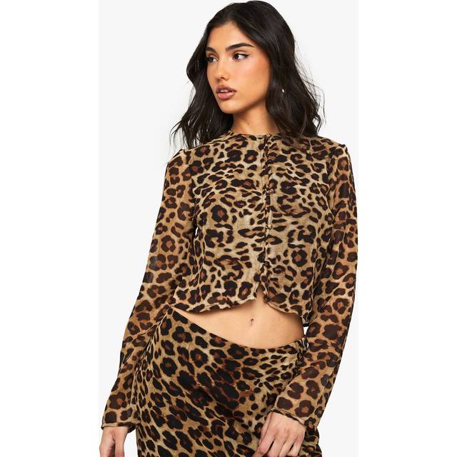 Womens Leopard Print High Neck Woven Crop Top - Multi - 14
