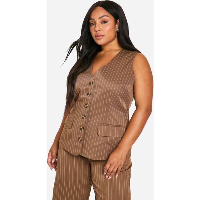 Womens Plus Longline Pinstripe Waistcoat - Brown - 26, Brown