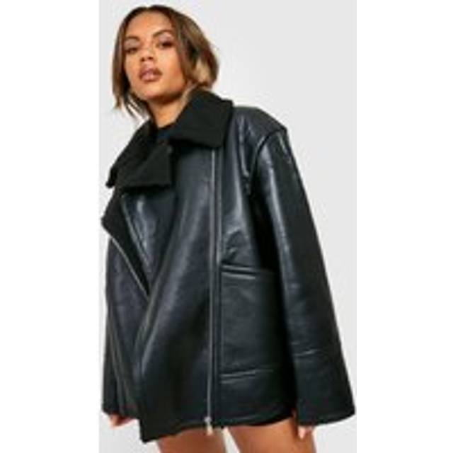 Womens Plus Borg Collar Aviator Jacket - Black - 28