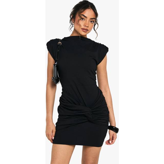 Womens Cotton Shoulder Pad Ruched T-Shirt Mini Dress - Black - 8, Black