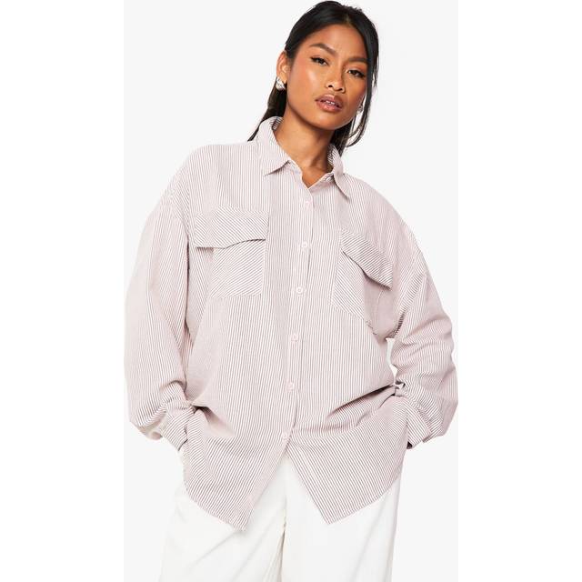 Womens Striped Peached Utility Oversized Shirt - Pink - 8