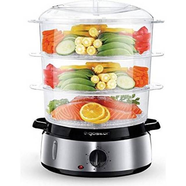 Aigostar - 3 Tier Food Steamer, Electric Vegetable Steamer with bpa Free Baskets and Rice Bowl, 9 Litre, Refill While Steaming, Stainless Steel Base,
