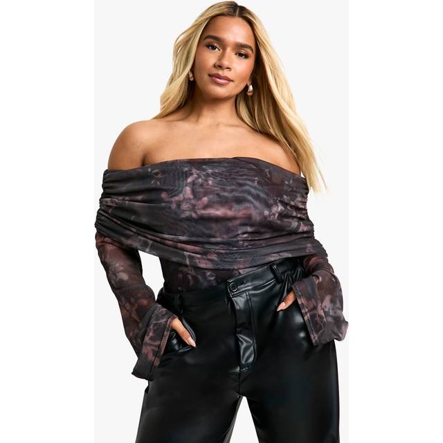 Womens Plus Extreme Mesh Bardot Long Sleeve Top - Black - 26, Black