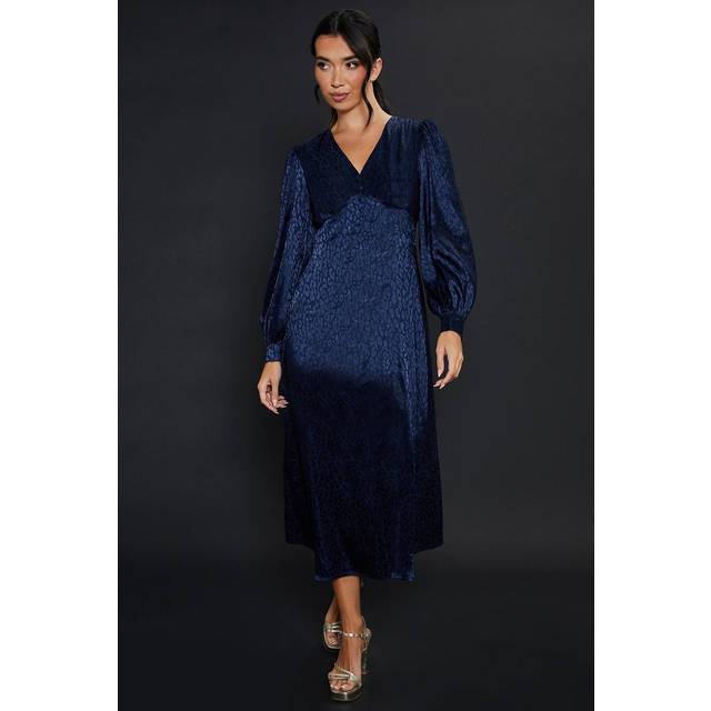 Womens Satin Animal Jacquard Empire Long Sleeve Midi Dress - Navy - 8