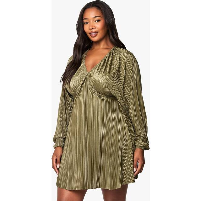 Womens plus plisse blouson sleeve smock dress - Olive - 18