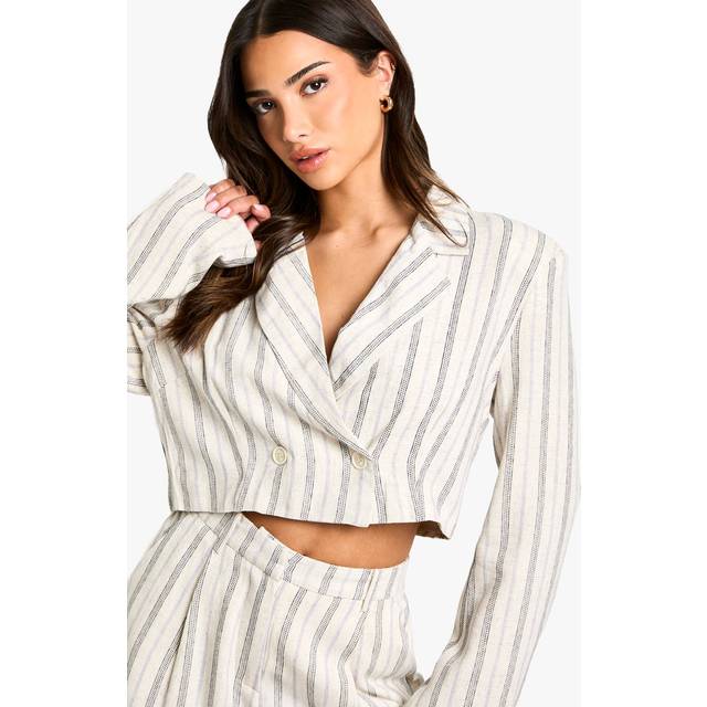Womens Petite Stripe Linen Look Cropped Blazer - White - 6, White