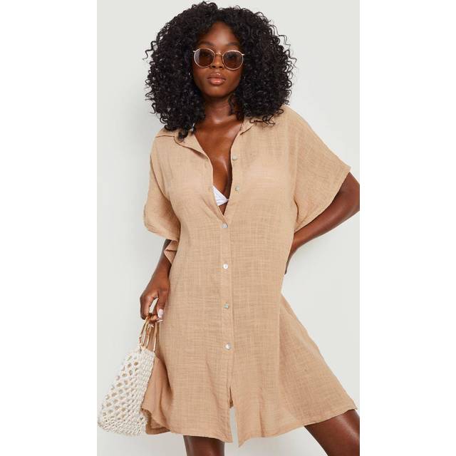 Womens Linen Look Button Front Batwing Beach Kaftan Shirt - Sand