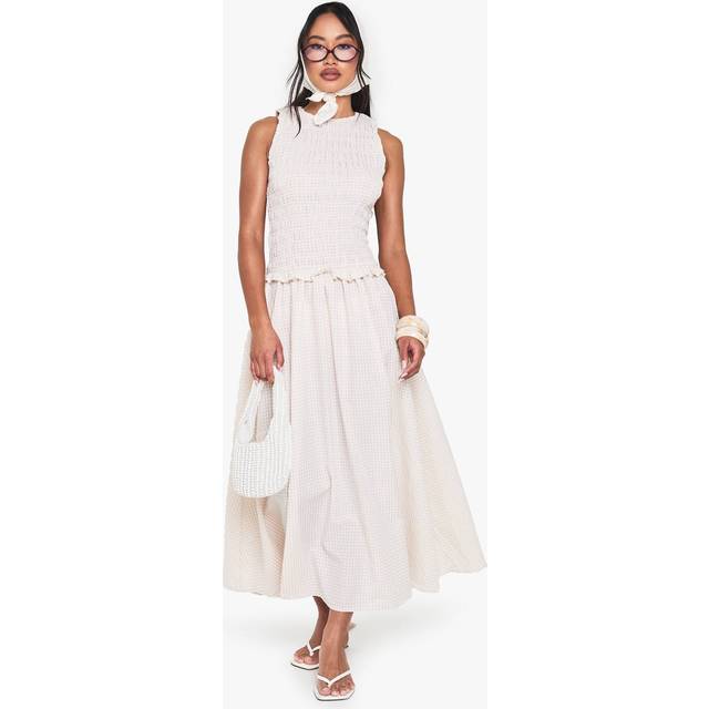 Womens Gingham Shirred Detail Drop Waist Midaxi Dress - Beige - 18