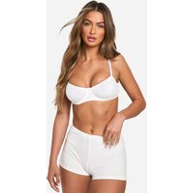 Womens Ribbed Lounge Bra And Booty Short Set - Beige - L