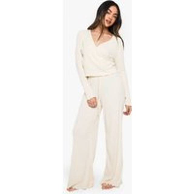 Womens Loungewear Soft Rib Long Sleeve Wrap Top & Trousers Set - White - 12, White