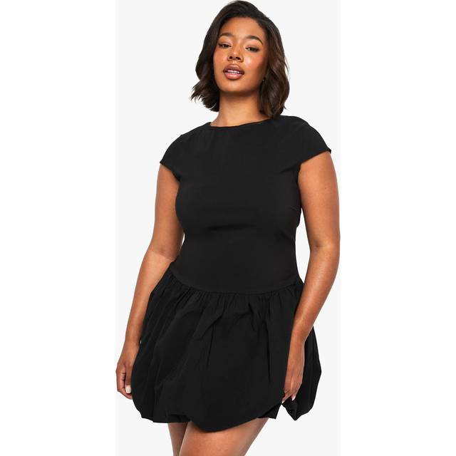 Womens Plus Bengaline Cap Sleeve Puffball Mini Dress - Black - 16, Black