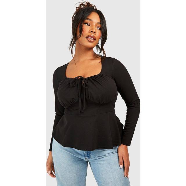 Womens Plus Ruched Corset Detail Long Sleeve Peplum Hem - Black - 26, Black