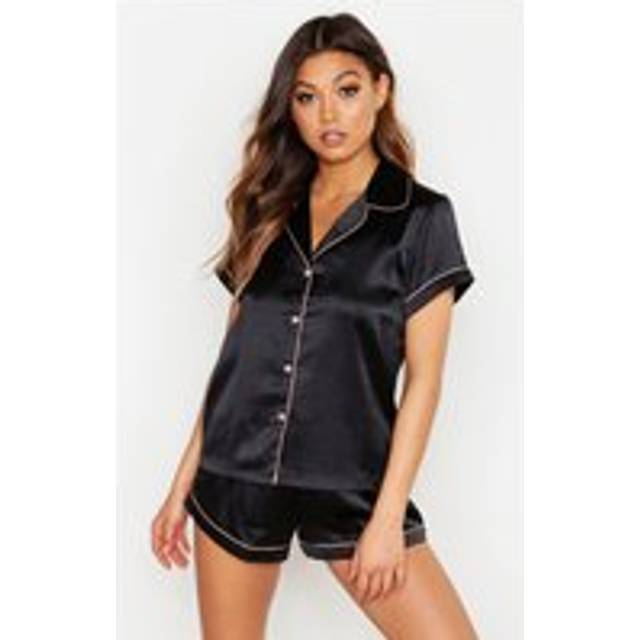 Womens Satin Contrast Piping Short Sleeve Shirt & Shorts Pyjama Set - Black - 16, Black