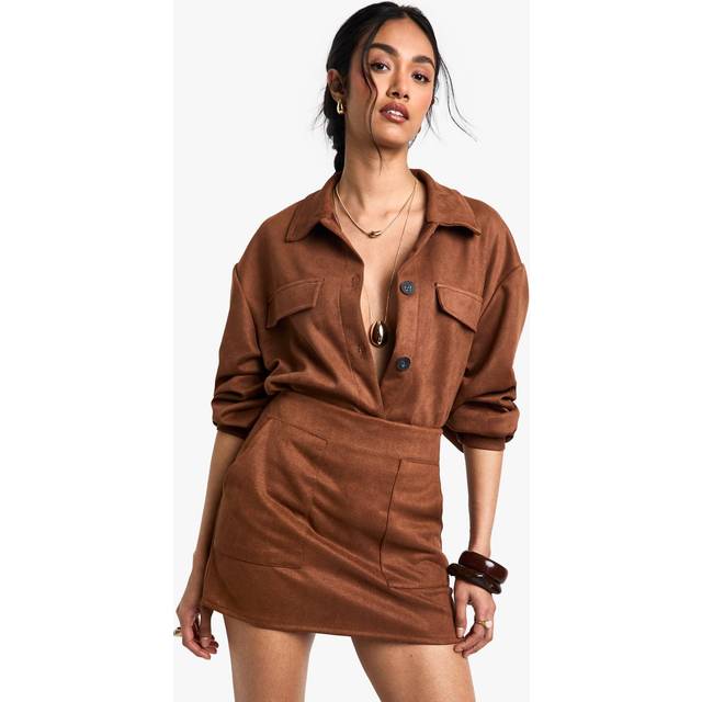 Womens Suede Look Mini Skirt - Brown - 6