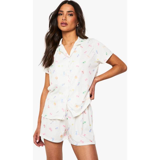 Womens Petite Sweet Print Short Sleeve Shirt & Shorts Pyjama Set - White - 10