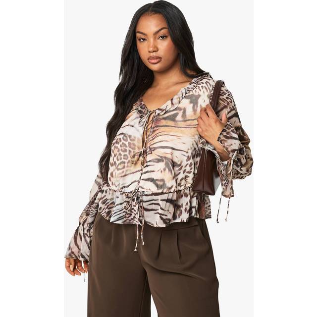 Womens Plus Chiffon Animal Print Ruffle Tie Blouse - Brown - 18, Brown