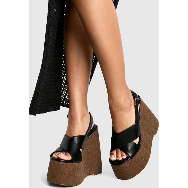 Womens Crossover Cork Detail Platform Wedges - Black - 5, Black