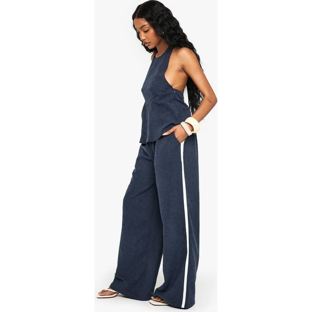 Womens Peached Halterneck Top & Side Stripe Trouser Co-Ord - Navy - 6, Navy