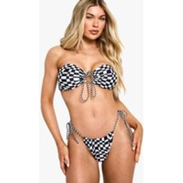 Womens Checkerboard Rope Strap Halterneck Bikini Top & Tanga Tie Side Bikini Bottoms Set - Mono - 16