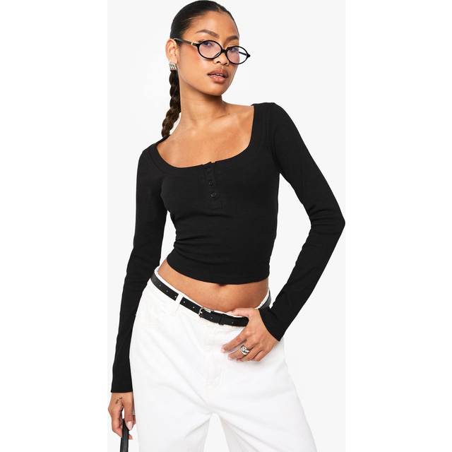 Womens Rib Detail Scoop Neck Long Sleeve Top - Black - 16