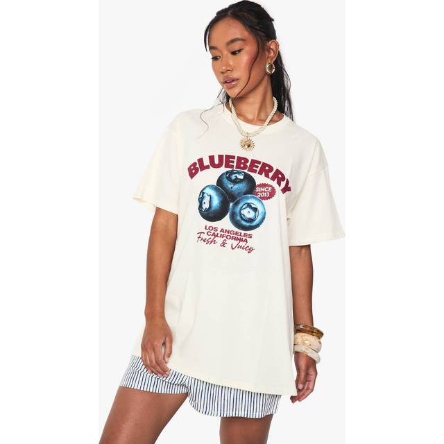 Womens Blueberry Oversized Printed T-shirt - Cream - XL